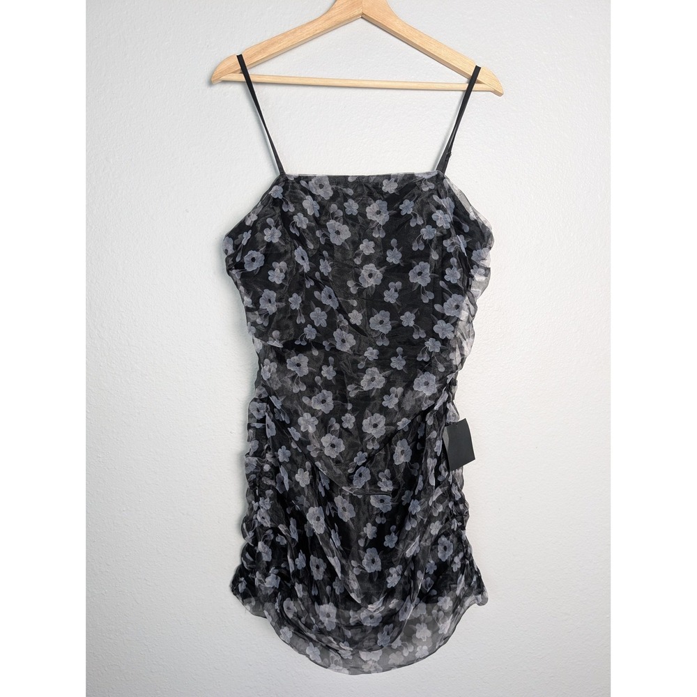 NWT Lulus Dress Womens L‎ Black Short Slip Bodycon Floral Ruched Square Neck